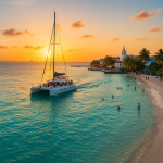 Caribbean sunset cruise from Cancun to Isla Mujeres with Playa Norte beach views