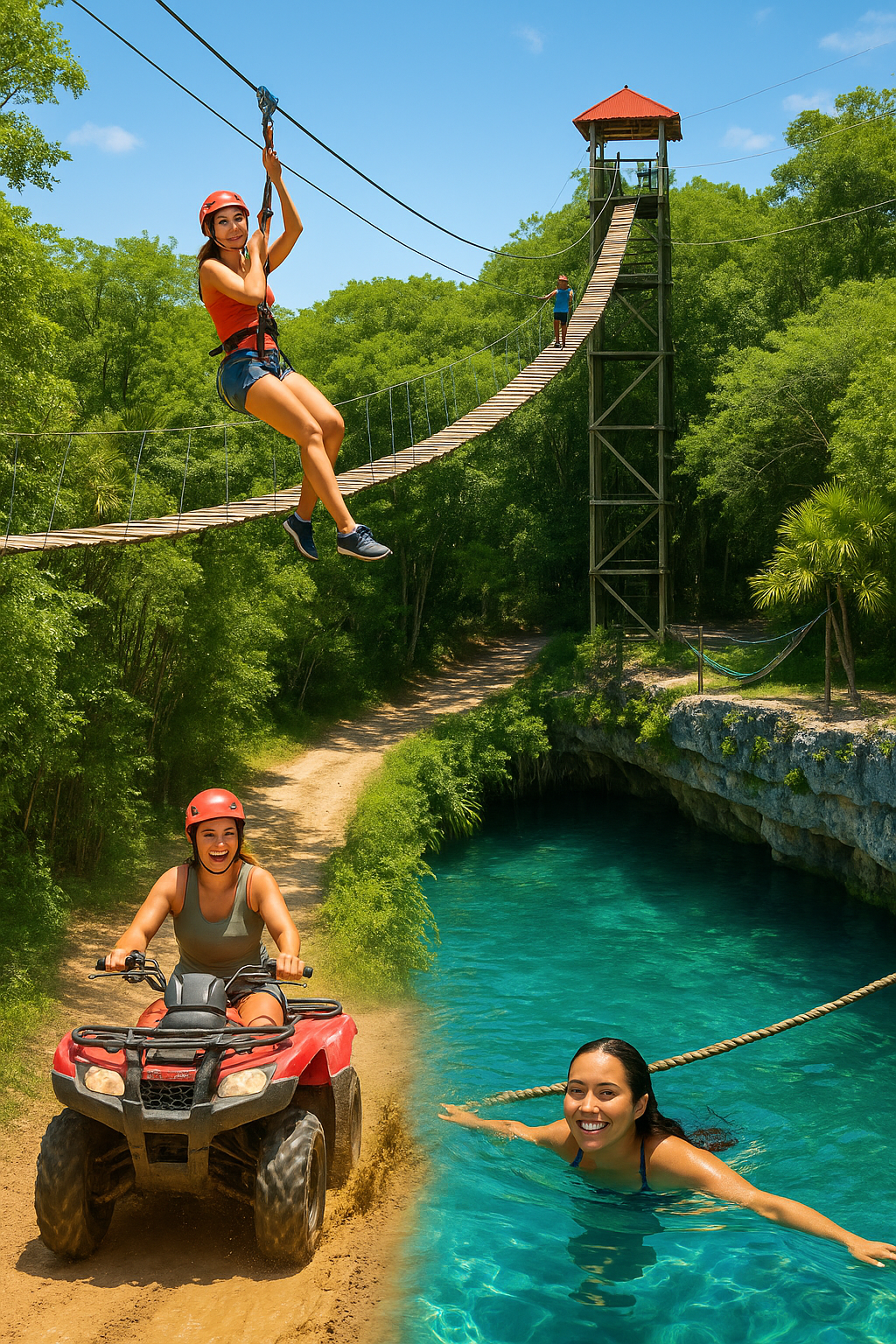 ATV cenote tour Cancun with ziplines and jungle trails at Cenote Mojarras