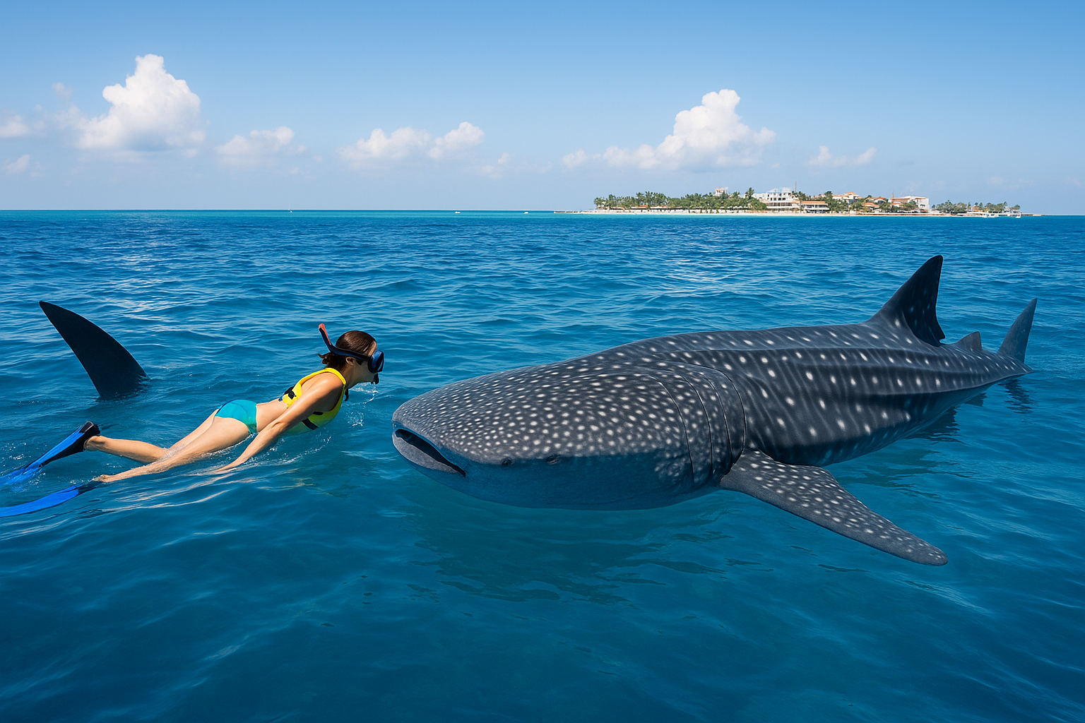 whale shark tour Cancun snorkelers swimming near a whale shark north of Isla Mujeres