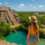 Travelers on an Ek Balam tour from Cancun exploring the acropolis and Mayan jungle