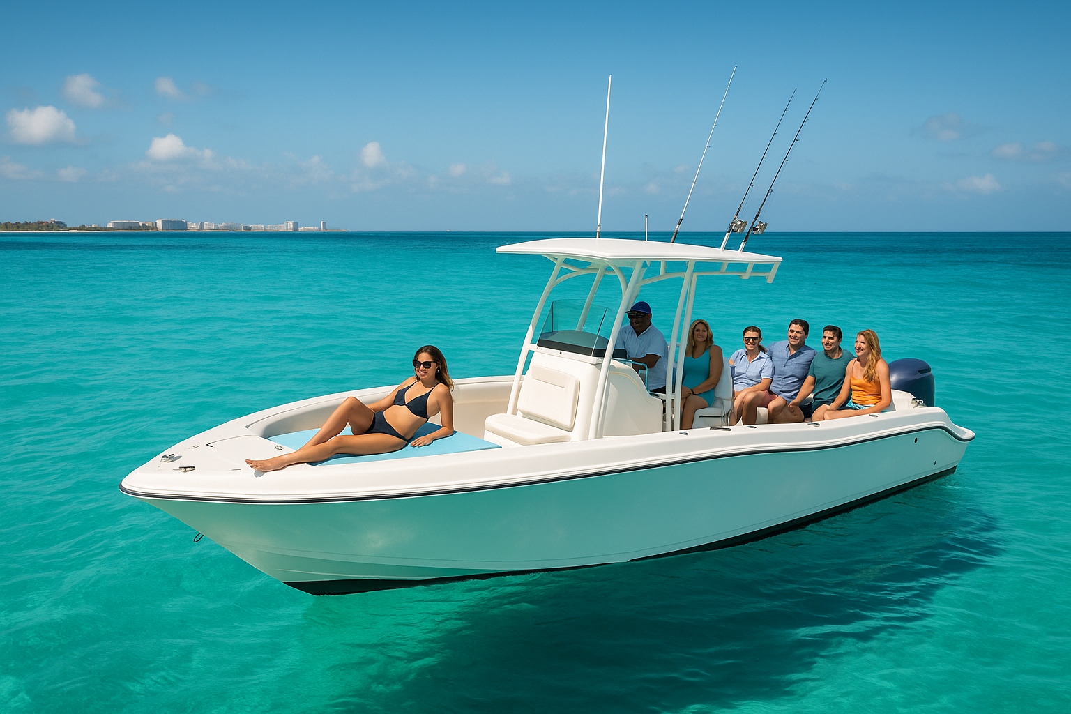 Naveris Cancun 29 ft private-style boat experience on turquoise water