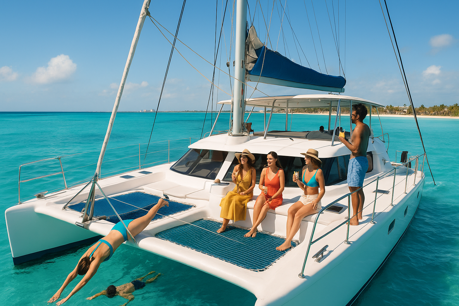 Representative image of an Isla Mujeres catamaran snorkeling tour near Isla Mujeres